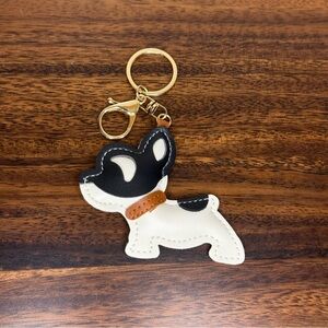 Leather French Bulldog Puppy Dog w/Brown Collar Keychain Bag Charm Gold Clasp
